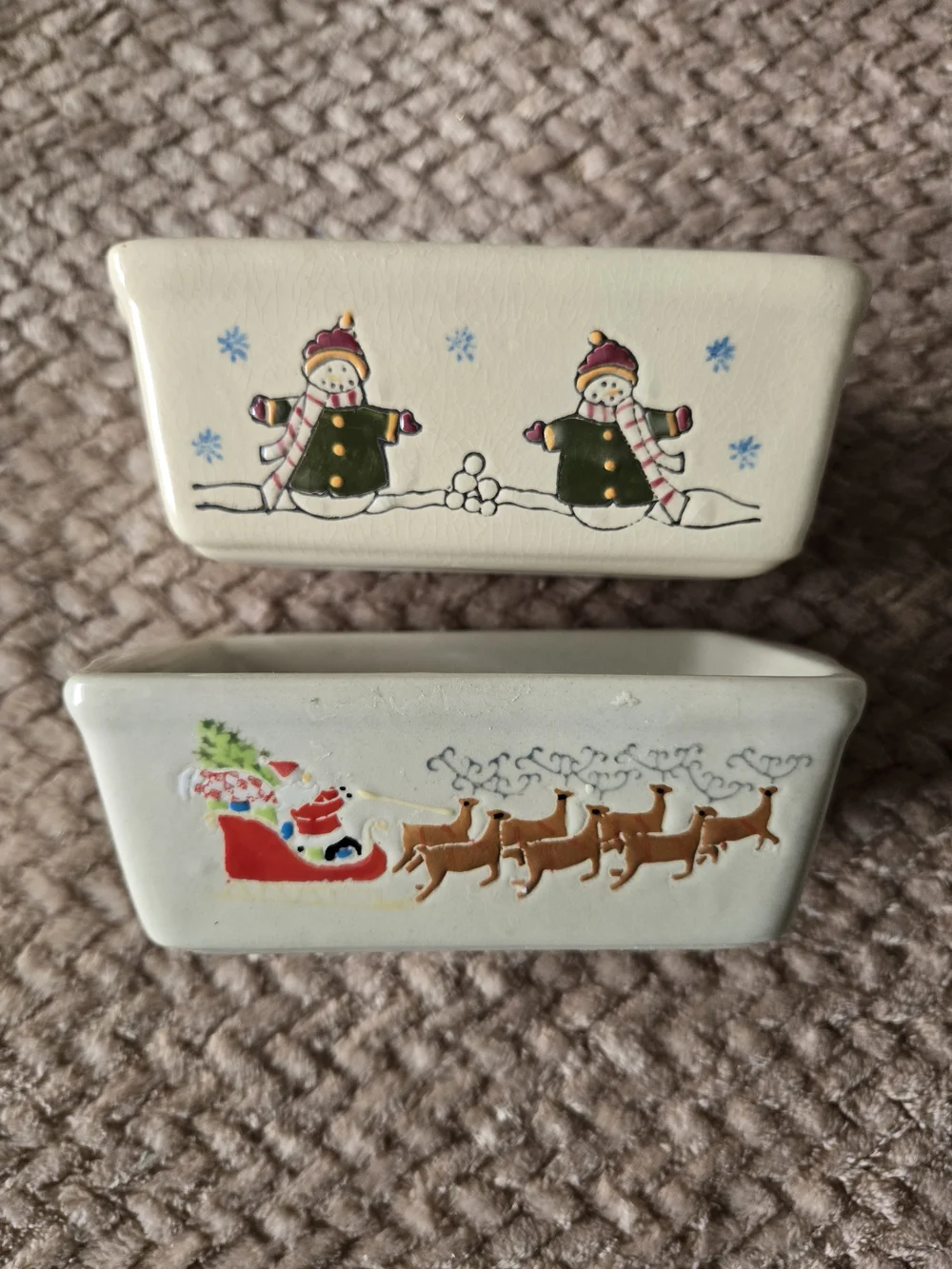 Nantucket Christmas Mini Loaf Pan Set Santa Reindeer Snowman Ceramic